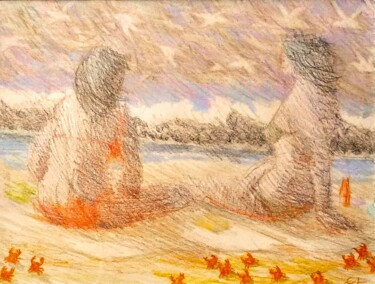 Tekening getiteld "Women on a Beach" door Edwin Loftus, Origineel Kunstwerk, Potlood Gemonteerd op Andere stijve panelen