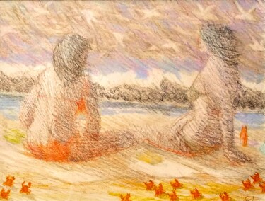 Women on a Beach Drawing titled "Women on a Beach" by Edwin Loftus, Original Art, Pencil Mounted on Other rigid panel