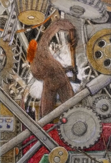 Zeichnungen mit dem Titel "Deep in the Machine" von Edwin Loftus, Original-Kunstwerk, Pastell Auf Andere starre Platte monti…