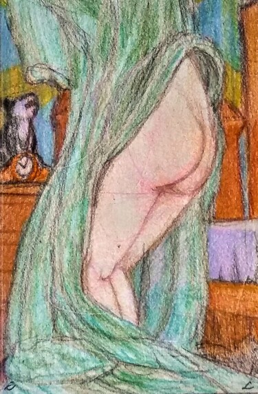 「Woman putting on he…」というタイトルの描画 Edwin Loftusによって, オリジナルのアートワーク, パステル その他の剛性パネルにマウント