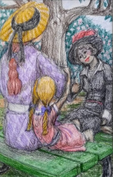 Drawing titled "Meeting in a Park" by Edwin Loftus, Original Artwork, Pastel Mounted on Other rigid panel