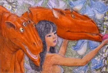 图画 标题为“Dragons and a Girl…” 由Edwin Loftus, 原创艺术品, 粉彩 安装在其他刚性面板上