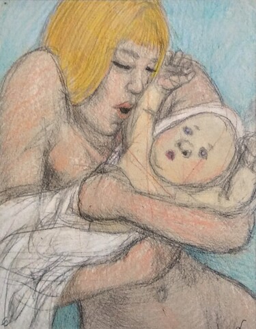 图画 标题为“Mother and Child 3” 由Edwin Loftus, 原创艺术品, 粉彩 安装在其他刚性面板上