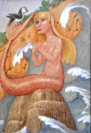 Drawing titled "Mermaid with Puffin" by Edwin Loftus, Original Artwork, Pastel Mounted on Other rigid panel