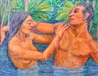 Рисунок под названием "Lovers Bathing" - Edwin Loftus, Подлинное произведение искусства, Пастель Установлен на Другая жестка…