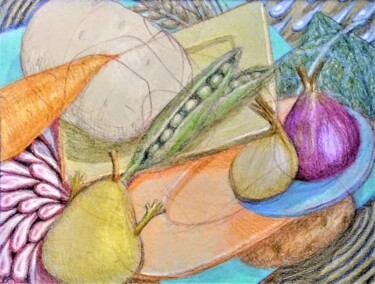 The Pear Protests as Vegetables take over the Plate Disegno intitolato "The Pear Protests a…" da Edwin Loftus, Opera d'arte originale, Pastello Montato su Altro pannello rigido