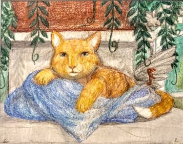 Tekening getiteld "The Cat in His King…" door Edwin Loftus, Origineel Kunstwerk, Pastel Gemonteerd op Andere stijve panelen