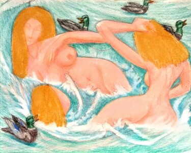 Desenho intitulada "Three Water Nymphs…" por Edwin Loftus, Obras de arte originais, Pastel Montado em Outro painel rígido