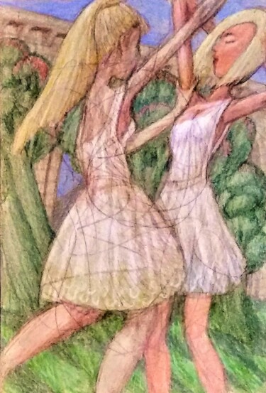 Dibujo titulada "Girls in White Dres…" por Edwin Loftus, Obra de arte original, Pastel Montado en Otro panel rígido