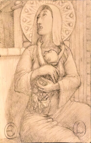 「Madonna and Child 2」というタイトルの描画 Edwin Loftusによって, オリジナルのアートワーク, 鉛筆 その他の剛性パネルにマウント