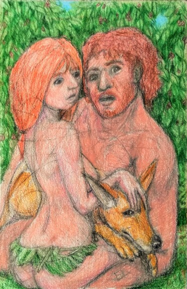 Desenho intitulada "Adam and Eve and th…" por Edwin Loftus, Obras de arte originais, Pastel Montado em Outro painel rígido