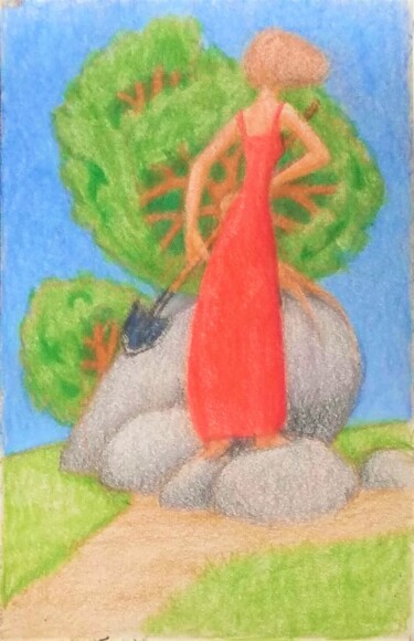 Zeichnungen mit dem Titel "Woman in a Red Dress" von Edwin Loftus, Original-Kunstwerk, Pastell Auf Andere starre Platte mont…