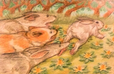 Dessin intitulée "Dogs chase a Rabbit" par Edwin Loftus, Œuvre d'art originale, Pastel Monté sur Autre panneau rigide