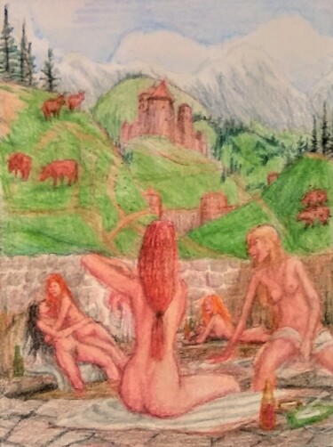 Рисунок под названием "The Old Roman Bath" - Edwin Loftus, Подлинное произведение искусства, Пастель Установлен на Другая же…