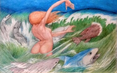 Dessin intitulée "Woman in the Waves 4" par Edwin Loftus, Œuvre d'art originale, Pastel Monté sur Autre panneau rigide