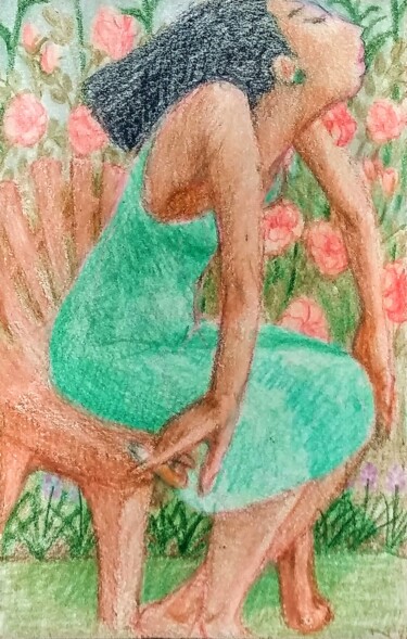 Dibujo titulada "Woman in a Green Dr…" por Edwin Loftus, Obra de arte original, Pastel Montado en Otro panel rígido