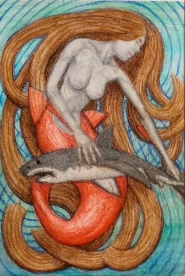 Drawing titled "Mermaid with a Shark" by Edwin Loftus, Original Artwork, Pastel Mounted on Other rigid panel