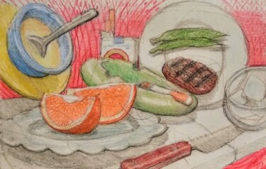 Disegno intitolato "Unstill life of din…" da Edwin Loftus, Opera d'arte originale, Pastello Montato su Altro pannello rigido