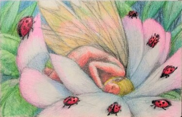 Desenho intitulada "Fairy Asleep with G…" por Edwin Loftus, Obras de arte originais, Pastel Montado em Outro painel rígido