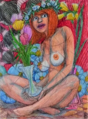 Рисунок под названием "Nude with Flowers" - Edwin Loftus, Подлинное произведение искусства, Пастель Установлен на Другая жес…