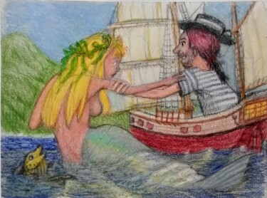 Картина под названием "Mermaid and the Sai…" - Edwin Loftus, Подлинное произведение искусства, Пастель Установлен на Другая…