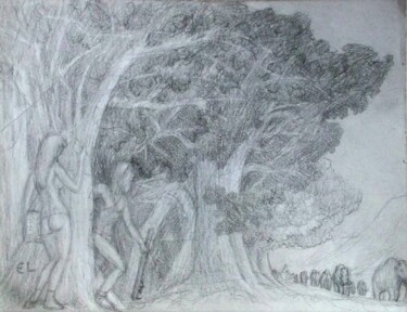Drawing titled "Prehistoric Hunter-…" by Edwin Loftus, Original Artwork, Pencil Mounted on Other rigid panel