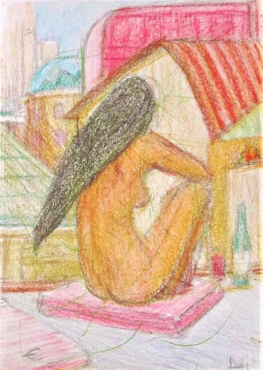 Desenho intitulada "Nude Sunning on a R…" por Edwin Loftus, Obras de arte originais, Pastel Montado em Outro painel rígido