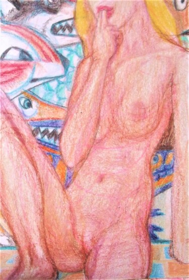 Desenho intitulada "Nude with Savage An…" por Edwin Loftus, Obras de arte originais, Pastel Montado em Outro painel rígido