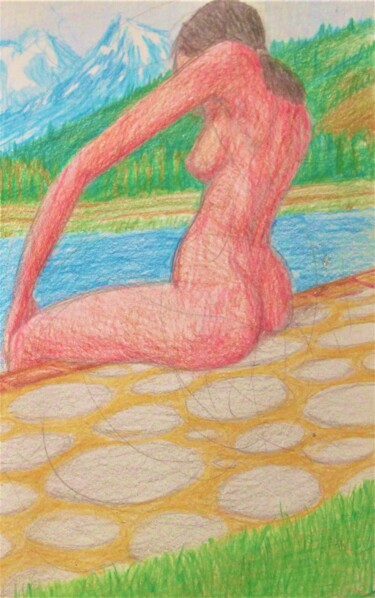 Drawing titled "Nude at a Lakeside…" by Edwin Loftus, Original Artwork, Pastel Mounted on Other rigid panel