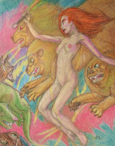 Dessin intitulée "Battling our Demons" par Edwin Loftus, Œuvre d'art originale, Pastel Monté sur Autre panneau rigide