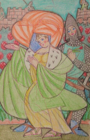 Dibujo titulada "Medieval Love" por Edwin Loftus, Obra de arte original, Pastel Montado en Otro panel rígido