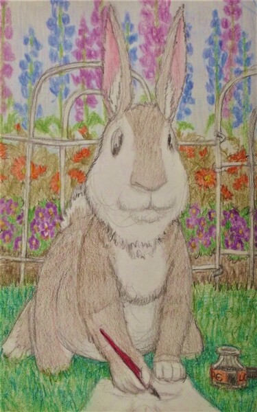 Dessin intitulée "The Bunny as Artist…" par Edwin Loftus, Œuvre d'art originale, Pastel Monté sur Autre panneau rigide