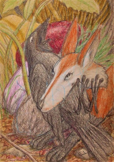 Рисунок под названием "The Fox and the Crow" - Edwin Loftus, Подлинное произведение искусства, Пастель Установлен на Другая…