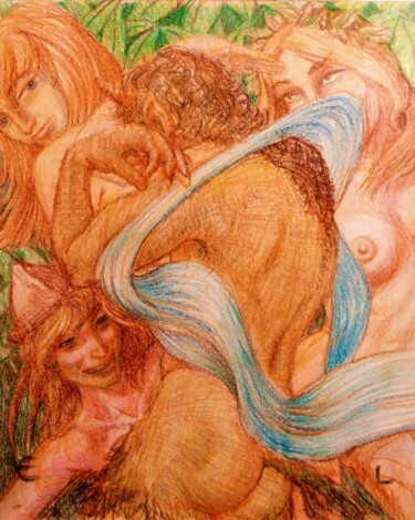 Tekening getiteld "Teasing the Satyr" door Edwin Loftus, Origineel Kunstwerk, Pastel Gemonteerd op Andere stijve panelen
