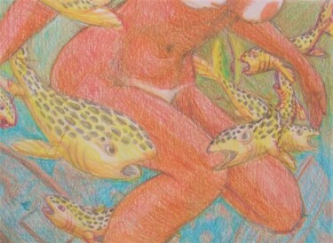 Desenho intitulada "Nude with Fish" por Edwin Loftus, Obras de arte originais, Pastel Montado em Outro painel rígido