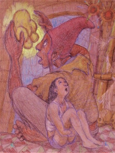 Dessin intitulée "Amy and the Troll" par Edwin Loftus, Œuvre d'art originale, Pastel Monté sur Autre panneau rigide