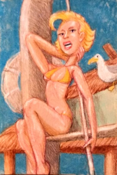 Pretty Girl 9, At the Beach Drawing titled "Pretty Girl 9, At t…" by Edwin Loftus, Original Art, Pastel Mounted on Other rigid panel