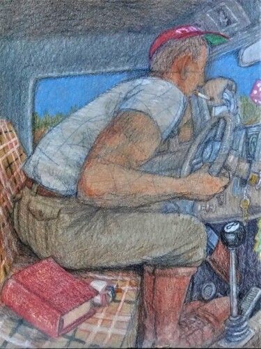 제목이 "Trucker"인 그림 Edwin Loftus로, 원작, 파스텔 기타 단단한 패널에 장착됨