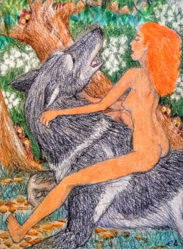 Dibujo titulada "Nehalennia on Wolf-…" por Edwin Loftus, Obra de arte original, Pastel Montado en Otro panel rígido