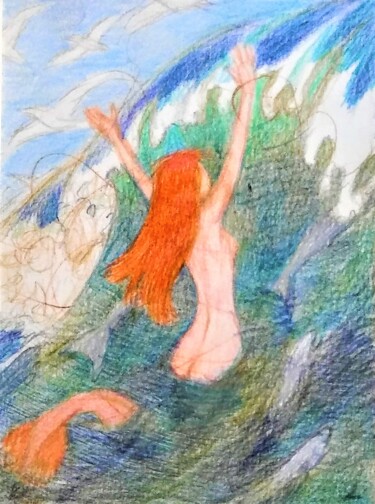 Σχέδιο με τίτλο "Mermaid in the Waves" από Edwin Loftus, Αυθεντικά έργα τέχνης, Παστέλ Τοποθετήθηκε στο Άλλος άκαμπτος πίνακ…