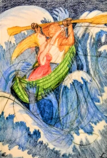 Tekening getiteld "Man and Peril" door Edwin Loftus, Origineel Kunstwerk, Pastel Gemonteerd op Andere stijve panelen