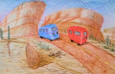 Tekening getiteld "Minivans Passing on…" door Edwin Loftus, Origineel Kunstwerk, Pastel Gemonteerd op Andere stijve panelen