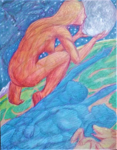 图画 标题为“Earth and Moon” 由Edwin Loftus, 原创艺术品, 粉彩 安装在其他刚性面板上