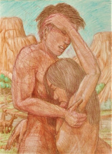Dessin intitulée "Lovers in the Desert" par Edwin Loftus, Œuvre d'art originale, Pastel Monté sur Autre panneau rigide