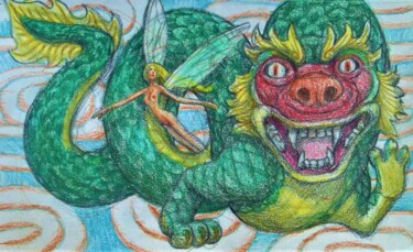 Dibujo titulada "Dragon and a Fairy" por Edwin Loftus, Obra de arte original, Pastel Montado en Otro panel rígido