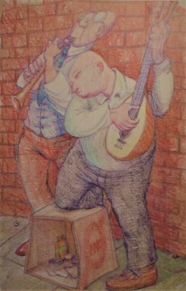 Tekening getiteld "Street Music 2" door Edwin Loftus, Origineel Kunstwerk, Pastel Gemonteerd op Andere stijve panelen