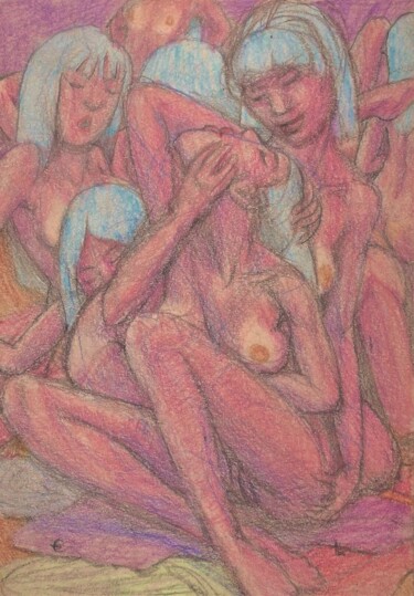 Zeichnungen mit dem Titel "The All Female Orgy" von Edwin Loftus, Original-Kunstwerk, Pastell Auf Andere starre Platte monti…