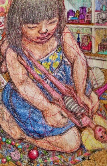Tekening getiteld "Amy in her Playroom" door Edwin Loftus, Origineel Kunstwerk, Pastel Gemonteerd op Andere stijve panelen