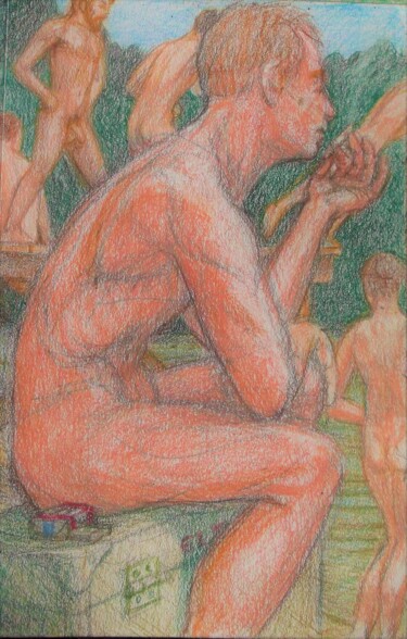 Рисунок под названием "R & R on Peleliu" - Edwin Loftus, Подлинное произведение искусства, Пастель Установлен на Другая жест…