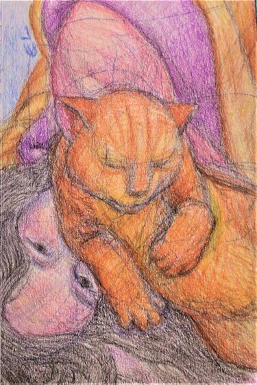 Tekening getiteld "Cat and Woman" door Edwin Loftus, Origineel Kunstwerk, Pastel Gemonteerd op Andere stijve panelen